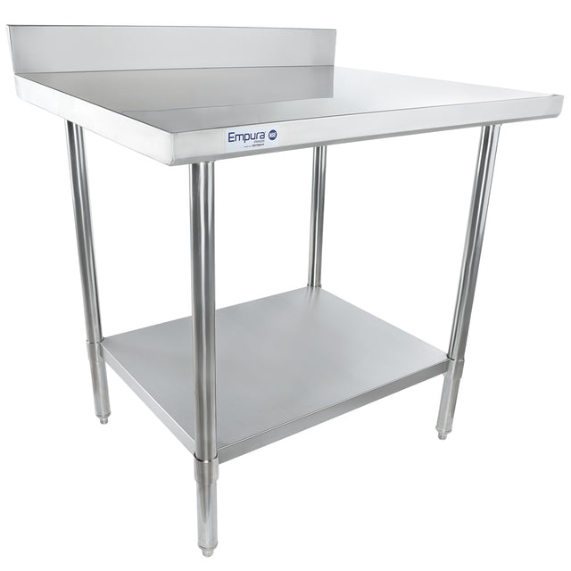 A 36 inch stainless steel work table with a backsplash, four cylindrical legs, a lower shelf for storage, and an Empura logo on the front. The clean, industrial design is perfect for commercial kitchens or food service environments.