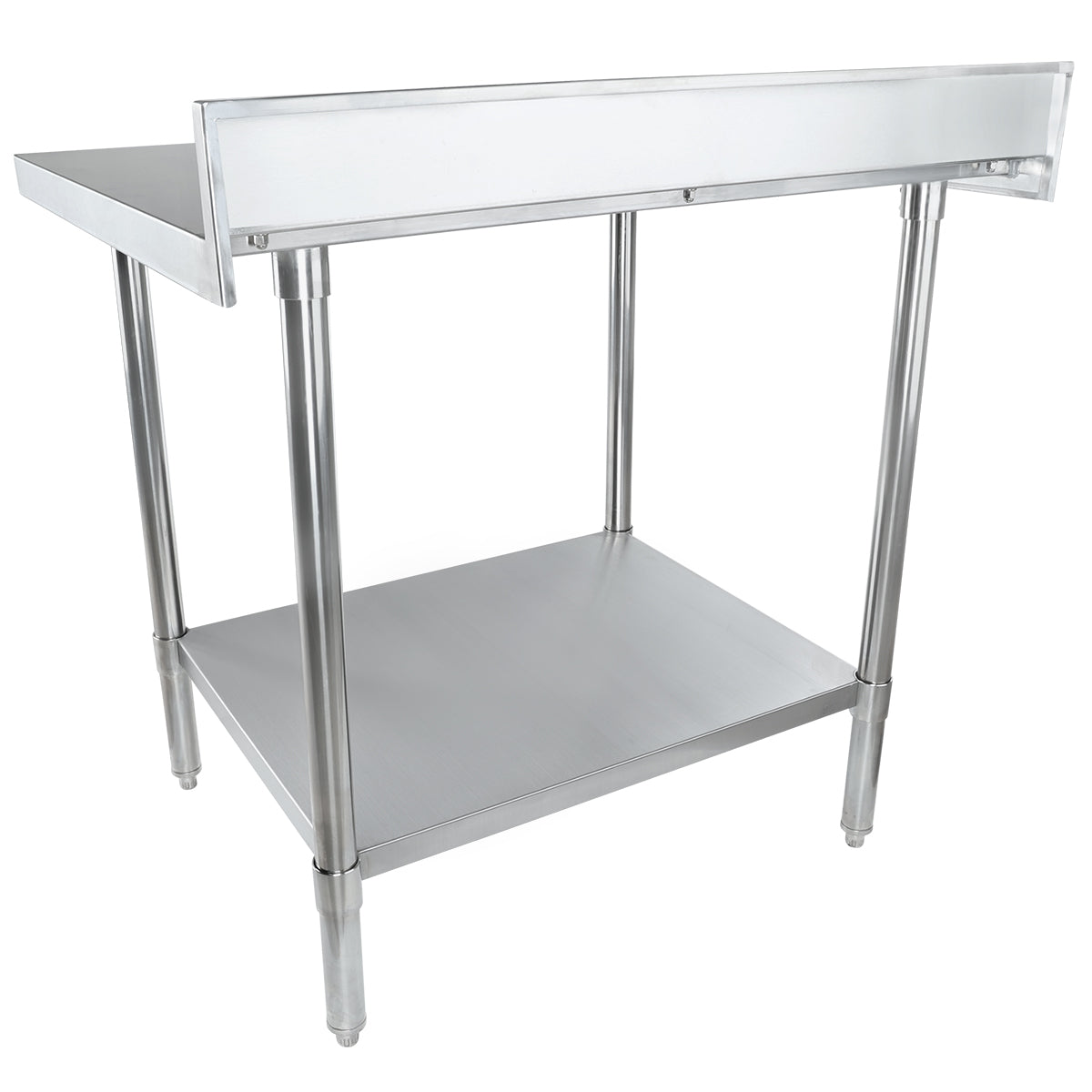 A 36 inch stainless steel work table with a raised backsplash, four round legs, and an undershelf. Its sleek, industrial look makes it ideal for kitchens or food prep areas, offering added workspace and storage.