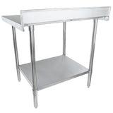 A 36 inch stainless steel work table with a raised backsplash, four round legs, and an undershelf. Its sleek, industrial look makes it ideal for kitchens or food prep areas, offering added workspace and storage.