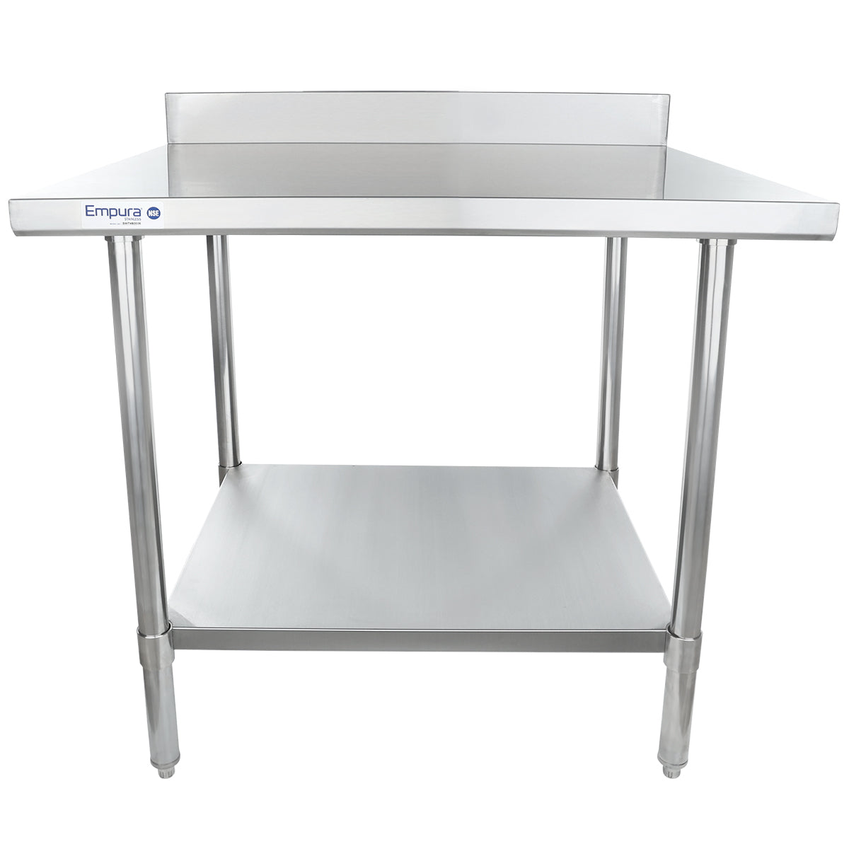 A 36 inch stainless steel work table with four legs, a lower shelf, and a raised back edge. The table has a brushed metal finish and the brand name “Empura” on the front left. Its clean, industrial design suits any professional kitchen.