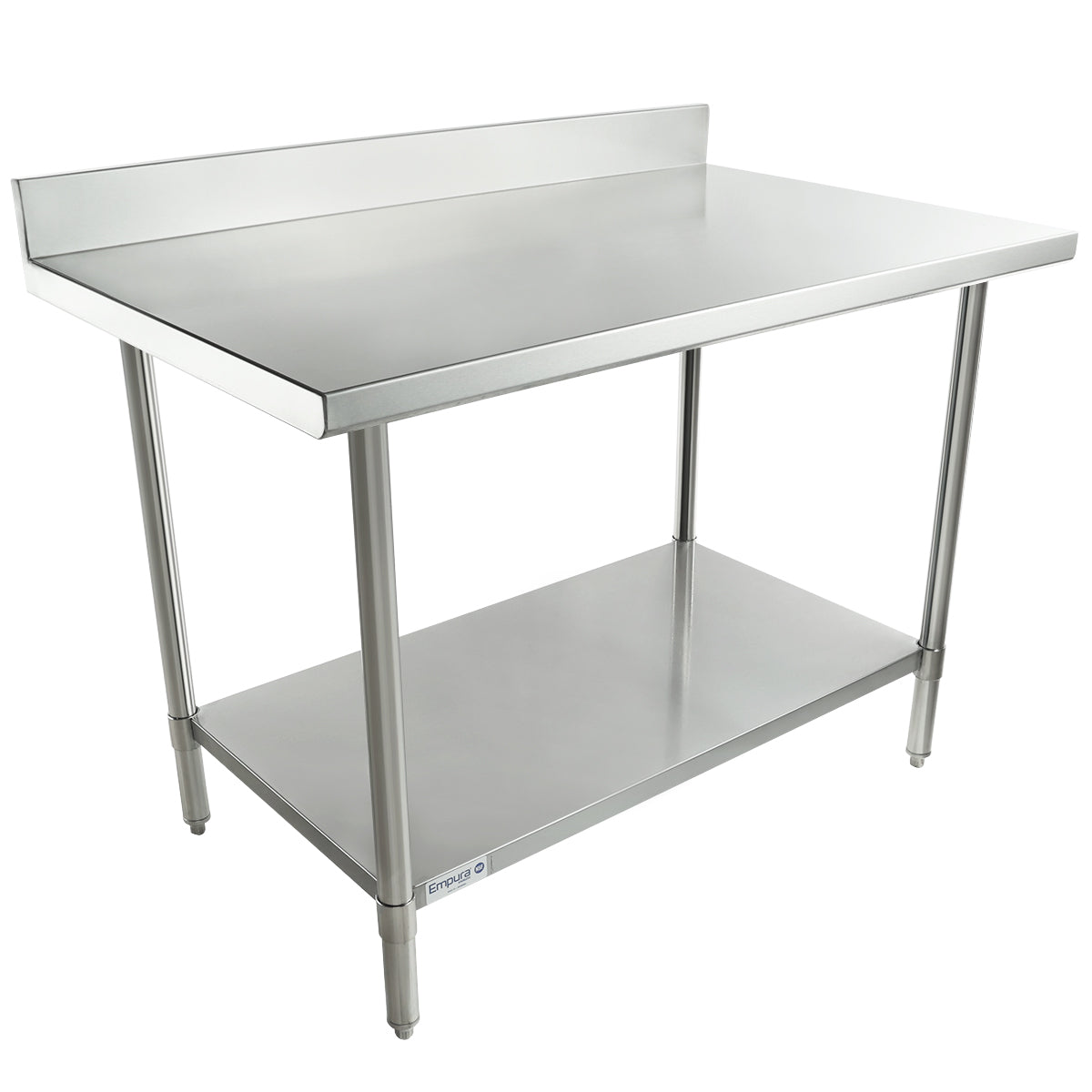 A stainless steel NSF work table with a backsplash, open lower shelf, and four sturdy legs. The smooth, reflective surface is ideal for food prep or storage, and adjustable feet ensure stability—perfect for any commercial kitchen.