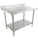 A stainless steel NSF work table with a backsplash, open lower shelf, and four sturdy legs. The smooth, reflective surface is ideal for food prep or storage, and adjustable feet ensure stability—perfect for any commercial kitchen.