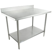 A stainless steel NSF work table with a backsplash, open lower shelf, and four sturdy legs. The smooth, reflective surface is ideal for food prep or storage, and adjustable feet ensure stability—perfect for any commercial kitchen.