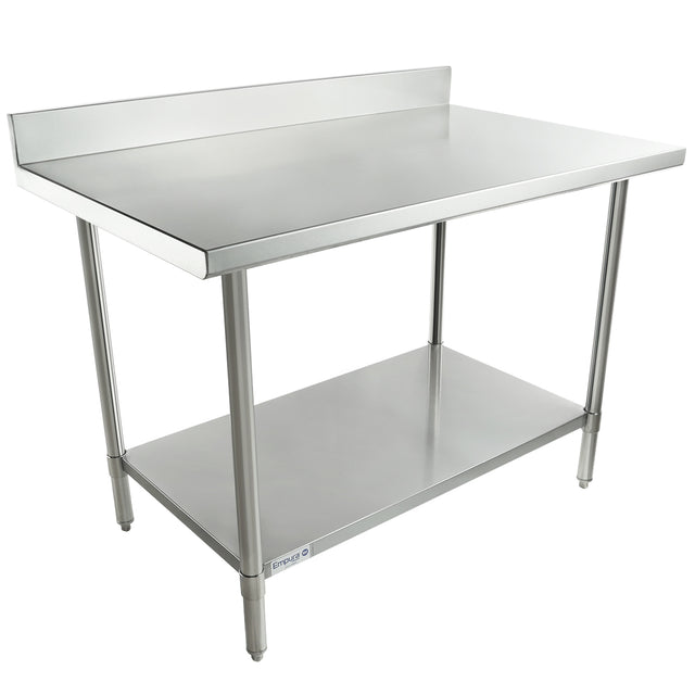 A stainless steel NSF work table with a backsplash, open lower shelf, and four sturdy legs. The smooth, reflective surface is ideal for food prep or storage, and adjustable feet ensure stability—perfect for any commercial kitchen.