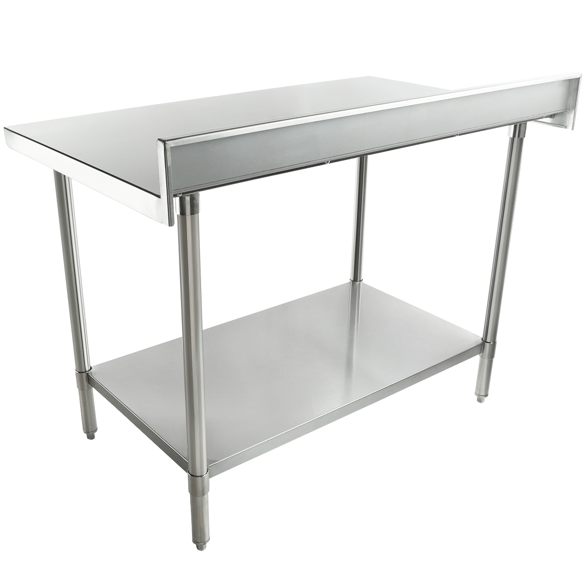 This NSF stainless steel work table features four sturdy legs, an undershelf, and a backsplash. Its smooth, rectangular top is ideal for kitchen or commercial use, offering a clean and modern look.