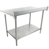 This NSF stainless steel work table features four sturdy legs, an undershelf, and a backsplash. Its smooth, rectangular top is ideal for kitchen or commercial use, offering a clean and modern look.