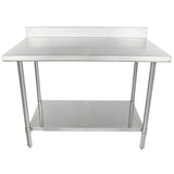 A stainless steel NSF work table with a raised backsplash along the back edge, four legs, and a lower shelf for storage. Its smooth, flat top and industrial design make it ideal for commercial kitchens or workspaces.