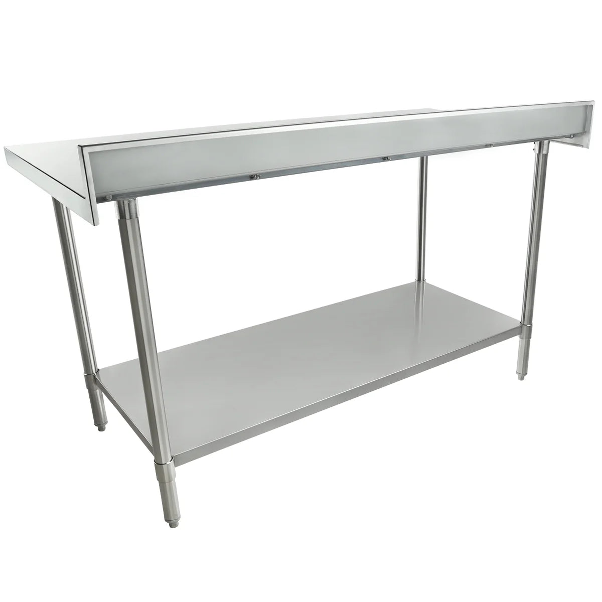 A rectangular NSF stainless steel work table with an elevated edge on three sides, four cylindrical legs, and a flat lower shelf for storage. Its sleek, industrial appearance makes it ideal for busy commercial kitchens.
