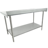 A rectangular NSF stainless steel work table with an elevated edge on three sides, four cylindrical legs, and a flat lower shelf for storage. Its sleek, industrial appearance makes it ideal for busy commercial kitchens.