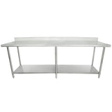 A stainless steel work table with a raised backsplash, an open lower shelf, and six legs. NSF certified, its minimal and functional design is ideal for commercial kitchens or industrial use. Both the surface and shelf are clean and reflective.