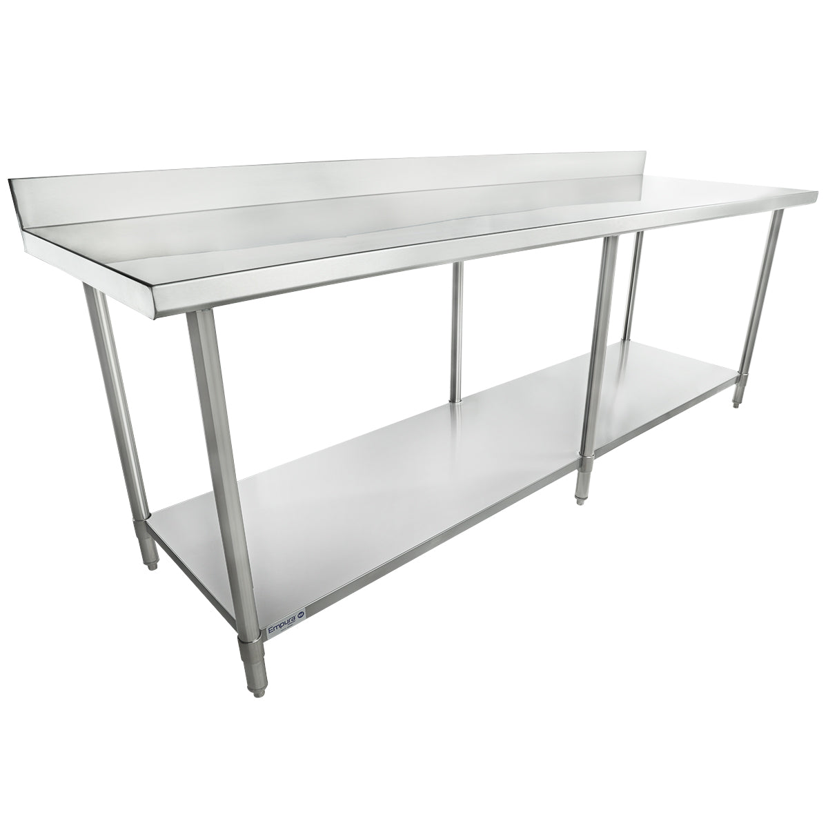 A long, NSF stainless steel work table with four legs, a raised backsplash, and a lower shelf for extra storage. The smooth metallic surface is ideal for kitchen or industrial use. Its clean, utilitarian design suits any workspace.