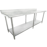 A long, NSF stainless steel work table with four legs, a raised backsplash, and a lower shelf for extra storage. The smooth metallic surface is ideal for kitchen or industrial use. Its clean, utilitarian design suits any workspace.