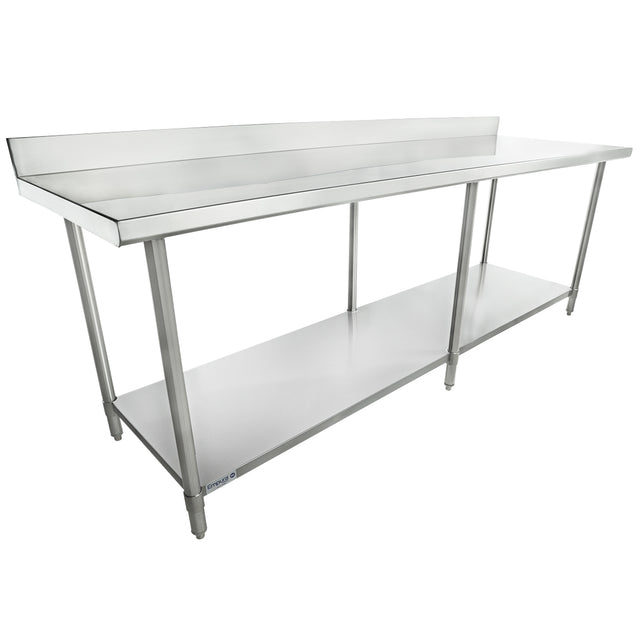 A long, NSF stainless steel work table with four legs, a raised backsplash, and a lower shelf for extra storage. The smooth metallic surface is ideal for kitchen or industrial use. Its clean, utilitarian design suits any workspace.