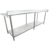 A long, rectangular NSF stainless steel work table with four legs, a lower shelf for extra storage, and an overhead rail. The table appears sturdy and is designed for use in a commercial kitchen or industrial setting.