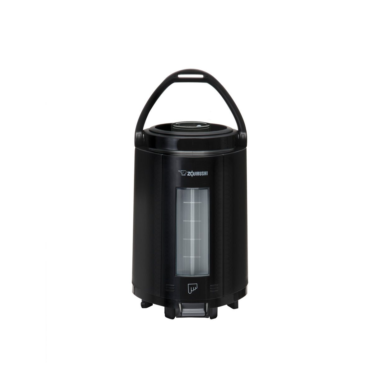 A black, cylindrical Zojirushi beverage dispenser with a curved handle, insulated stainless steel body, transparent vertical gauge showing liquid levels, and a spout symbol near the base. The dispenser stands on a white background.