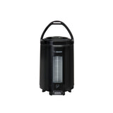 A black, cylindrical Zojirushi beverage dispenser with a curved handle, insulated stainless steel body, transparent vertical gauge showing liquid levels, and a spout symbol near the base. The dispenser stands on a white background.