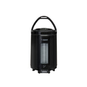 A black, cylindrical Zojirushi beverage dispenser with a curved handle, insulated stainless steel body, transparent vertical gauge showing liquid levels, and a spout symbol near the base. The dispenser stands on a white background.