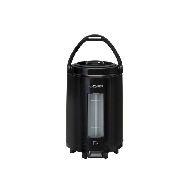 A black, cylindrical Zojirushi beverage dispenser with a curved handle, insulated stainless steel body, transparent vertical gauge showing liquid levels, and a spout symbol near the base. The dispenser stands on a white background.