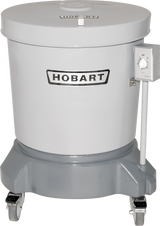 A large, cylindrical, industrial kitchen machine labeled HOBART is shown. This floor model salad dryer is grey, with a fitted lid and a sturdy base on four caster wheels. A control dial is mounted on a pole attached to the side.