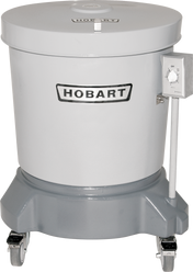 A large, cylindrical, industrial kitchen machine labeled HOBART is shown. This floor model salad dryer is grey, with a fitted lid and a sturdy base on four caster wheels. A control dial is mounted on a pole attached to the side.