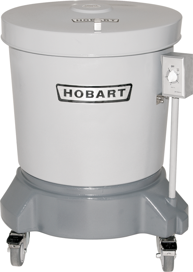 A large, cylindrical, industrial kitchen machine labeled HOBART is shown. This floor model salad dryer is grey, with a fitted lid and a sturdy base on four caster wheels. A control dial is mounted on a pole attached to the side.