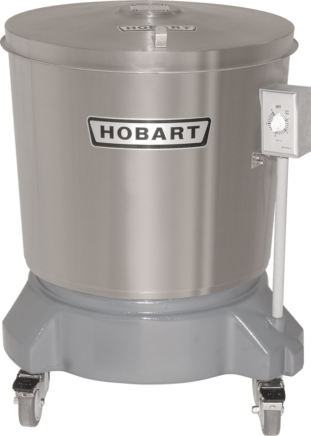 A large, stainless steel Hobart commercial food processor with a 20 gallon capacity features a cylindrical body labeled HOBART, timer dial on the right, flat lid on top, and a sturdy base with four caster wheels for mobility.