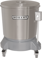 A large, stainless steel Hobart Salad Dryer with a 20 gallon capacity, featuring a lid, control dial, and a sturdy floor model base on four caster wheels. The cylindrical machine is labeled “HOBART” on the front.