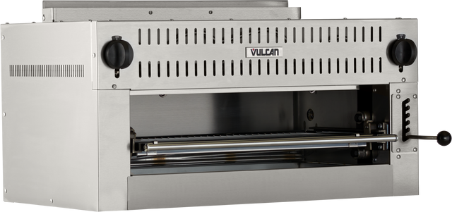 A stainless steel Vulcan Salamander Broiler with a heavy duty burner, open front, two black control knobs, vented panel, and adjustable rack for broiling food. This natural gas broiler is ideal for countertop or wall installation.