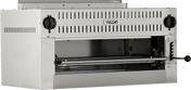 A commercial stainless steel Vulcan salamander broiler, powered by natural gas with 50,000 BTU, featuring a front open slot, two black control knobs on each side, a grill rack inside, and ventilation slots along the top front panel.