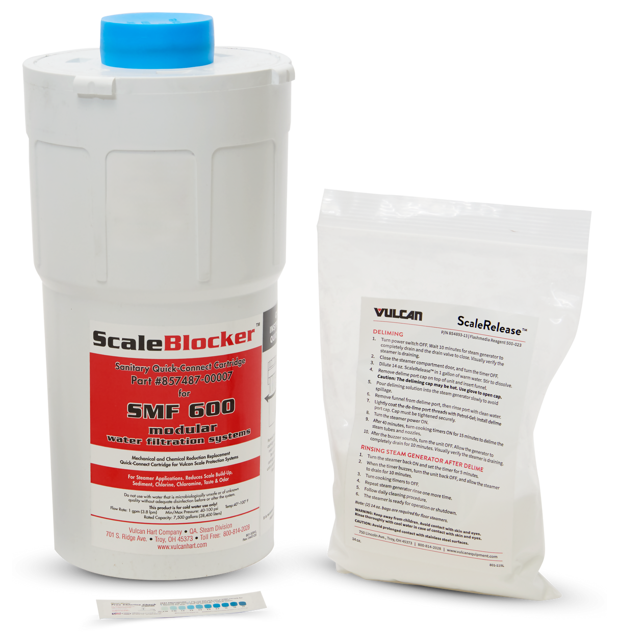 A white cylindrical SCALEBLOCKER Water Filter cartridge with a blue cap stands upright. Beside it is a clear packet for SMF systems labeled Vulcan ScaleRelease containing instructions. A small test strip with colored squares lies in front.