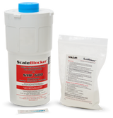 A white cylindrical SCALEBLOCKER Water Filter cartridge with a blue cap stands upright. Beside it is a clear packet for SMF systems labeled Vulcan ScaleRelease containing instructions. A small test strip with colored squares lies in front.