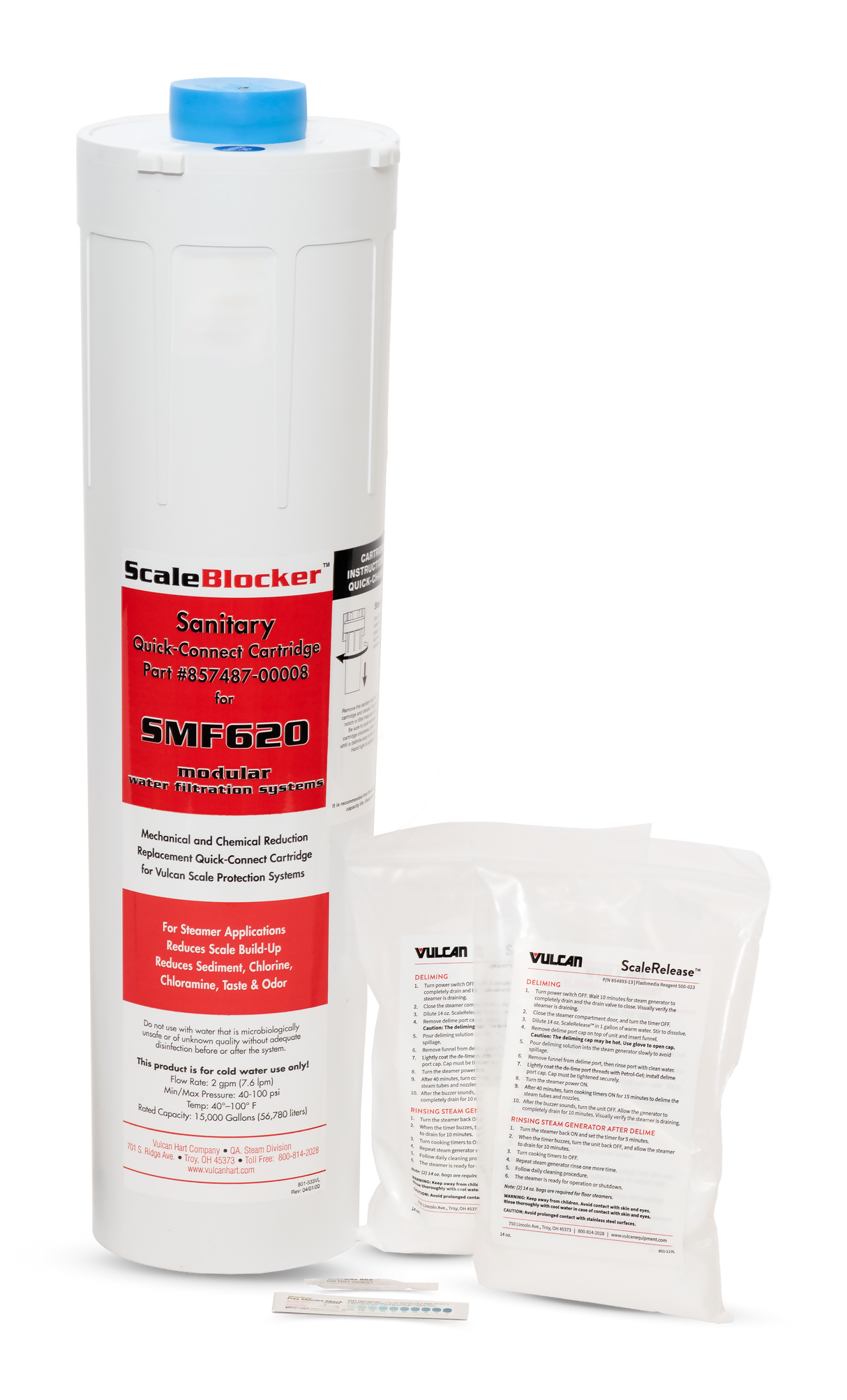 A large white SCALEBLOCKER Water Filter cartridge labeled SMF620 stands upright next to two smaller clear plastic pouches labeled ScaleRelease. A small test strip lies in front of the pouches on a white background.