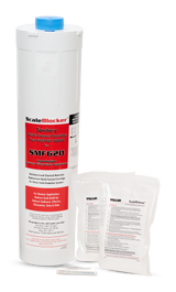A large white SCALEBLOCKER Water Filter cartridge labeled SMF620 stands upright next to two smaller clear plastic pouches labeled ScaleRelease. A small test strip lies in front of the pouches on a white background.