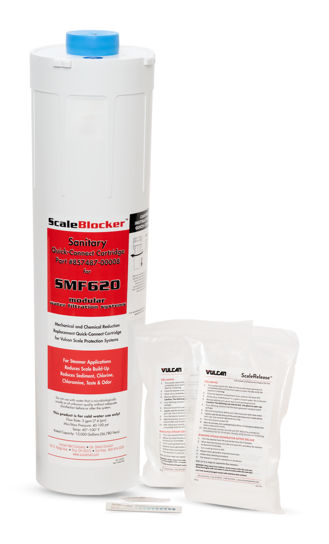 A large white SCALEBLOCKER Water Filter cartridge labeled SMF620 stands upright next to two smaller clear plastic pouches labeled ScaleRelease. A small test strip lies in front of the pouches on a white background.