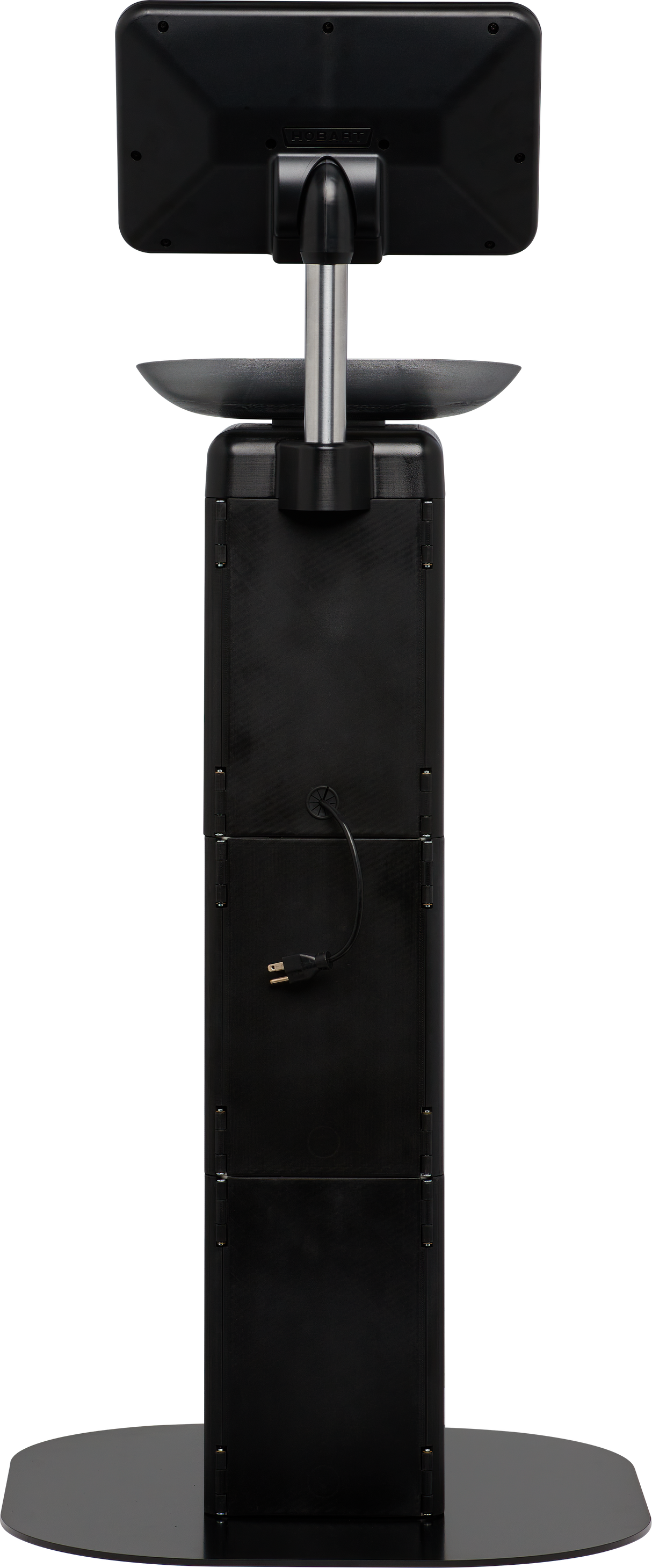 A tall, black, rectangular Hobart FS-100 kiosk stand with a wide, oval base is shown from the back. The monitor is mounted at the top with visible cables down the central column. The matte surface contrasts with the neutral white background.