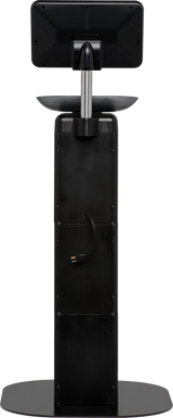 A tall, black, rectangular Hobart FS-100 kiosk stand with a wide, oval base is shown from the back. The monitor is mounted at the top with visible cables down the central column. The matte surface contrasts with the neutral white background.