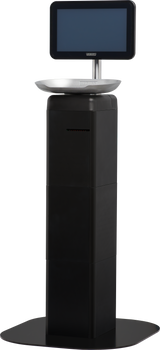 A black, rectangular self-serve kiosk with a wide base, a touchscreen monitor mounted on top, and a metallic tray below the screen—resembling the modern, minimalistic design of the Hobart FS-100 FreshServe Scale. The screen is off and blank.