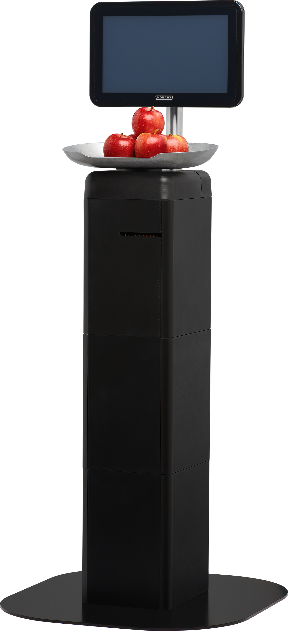 A digital Self-Serve Scale kiosk with a touchscreen display and a tray holding five red apples on top. The sleek, black Hobart FS-100 base is designed for automated weighing or checkout processes. The screen is currently blank.