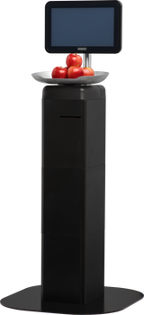 A digital Self-Serve Scale kiosk with a touchscreen display and a tray holding five red apples on top. The sleek, black Hobart FS-100 base is designed for automated weighing or checkout processes. The screen is currently blank.