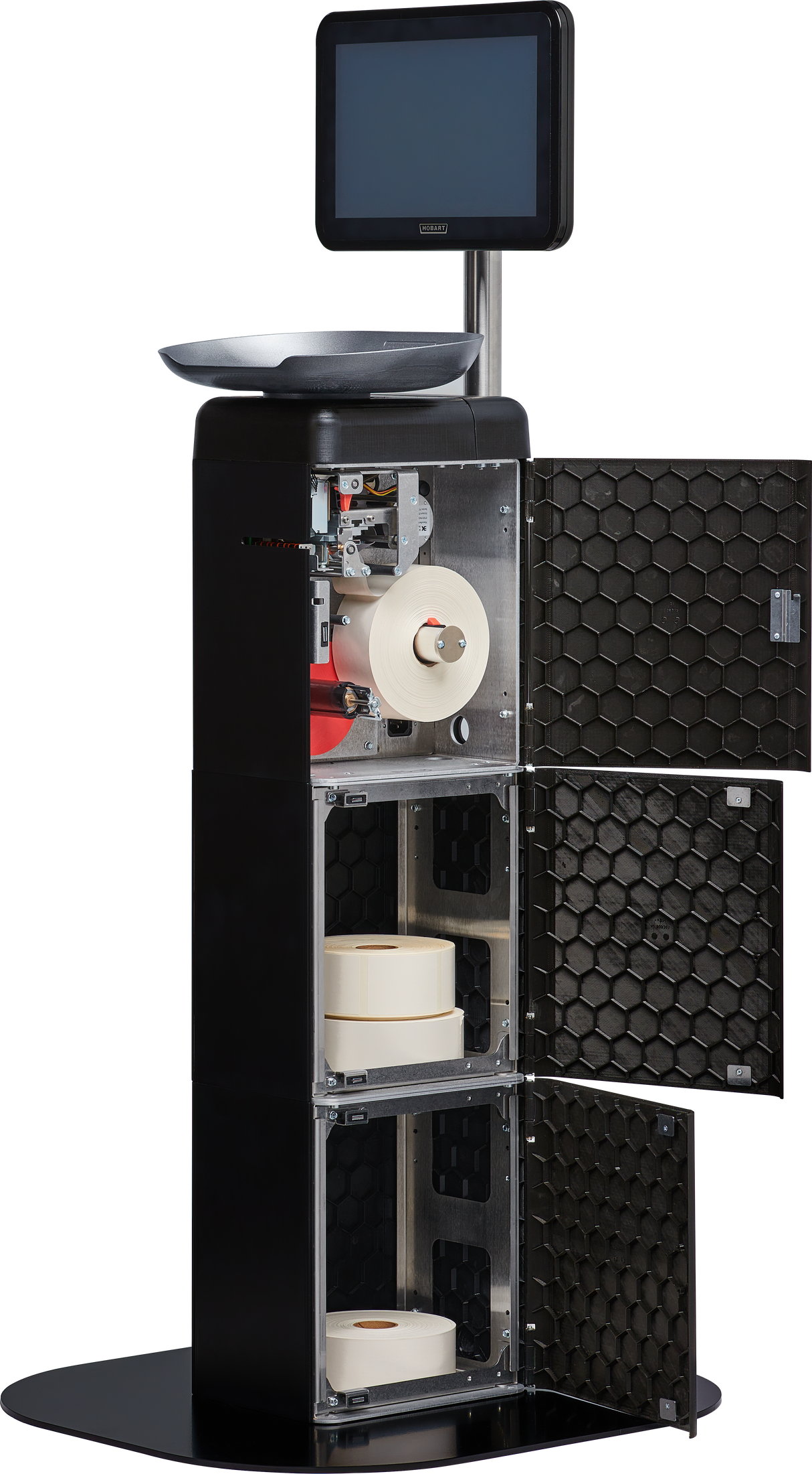 Freestanding black Hobart FS-100 self-service kiosk with open cabinet doors showing rolls of labels inside, a touchscreen monitor on top, a weighing tray, and exposed internal mechanisms for printing and dispensing labels.