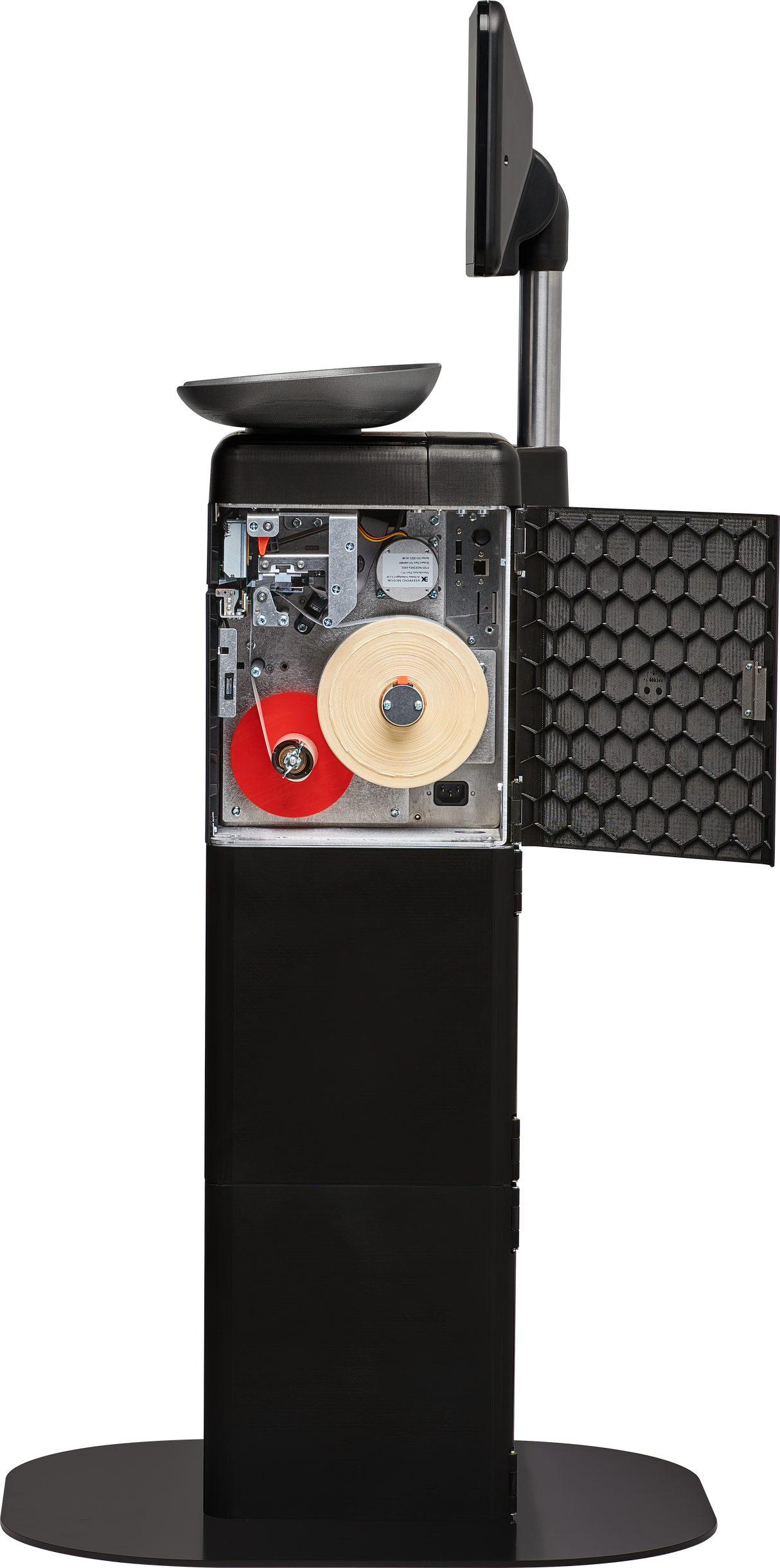 A standing black Hobart FS-100 Self-Serve Scale kiosk features a touchscreen on top and an open front panel revealing internal components, including a red and beige ribbon roll, wiring, and a mesh-covered side door. The kiosk sits on a round base.