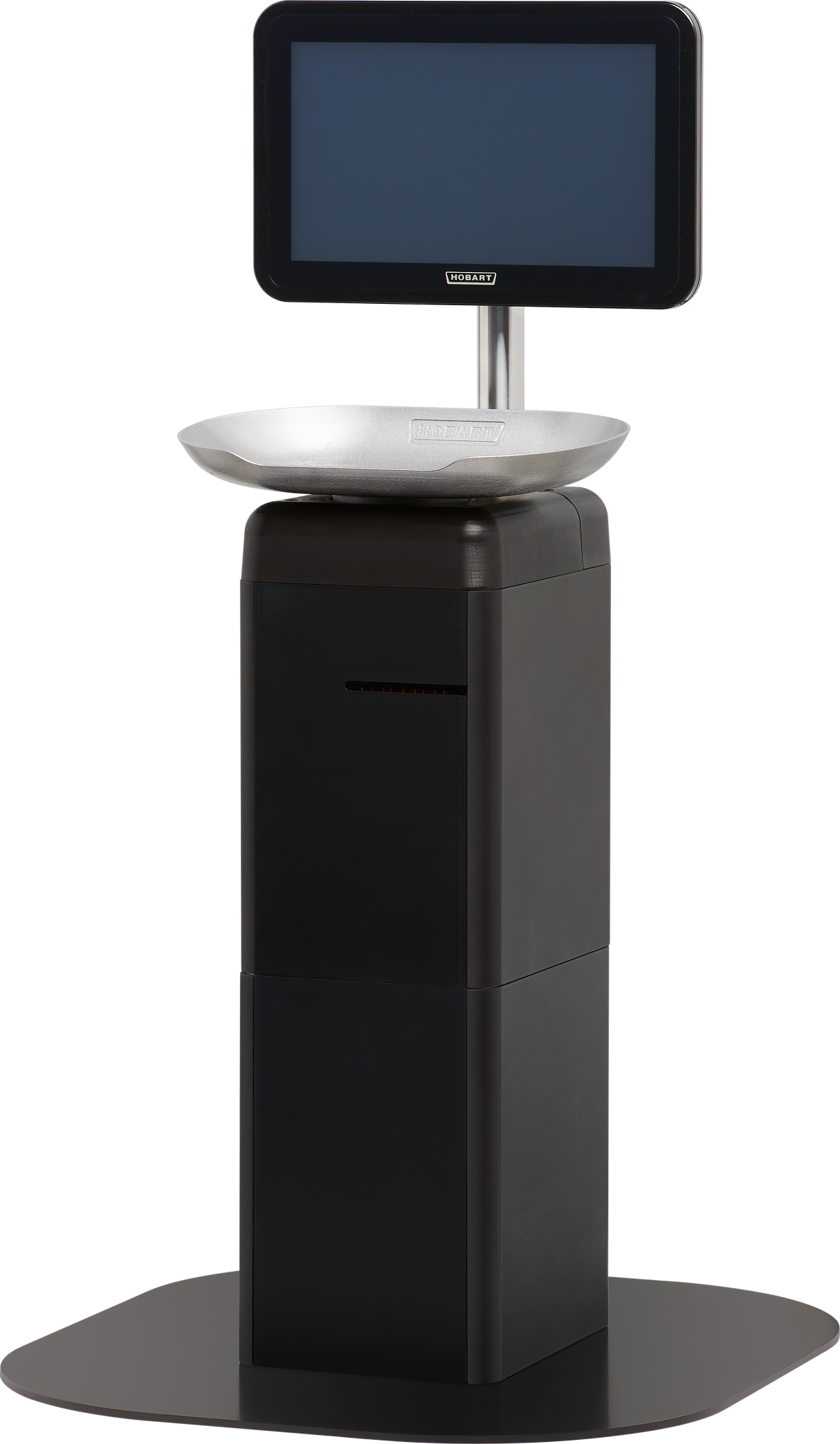 A modern touchscreen scale, similar to the Hobart FS-200, featuring a thick black pedestal base, round silver weighing platform, and a large touchscreen display mounted on a metal pole. The device is set against a plain white background.