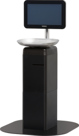 A modern touchscreen scale, similar to the Hobart FS-200, featuring a thick black pedestal base, round silver weighing platform, and a large touchscreen display mounted on a metal pole. The device is set against a plain white background.