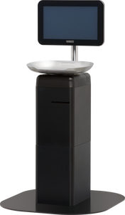 A modern touchscreen scale, similar to the Hobart FS-200, featuring a thick black pedestal base, round silver weighing platform, and a large touchscreen display mounted on a metal pole. The device is set against a plain white background.