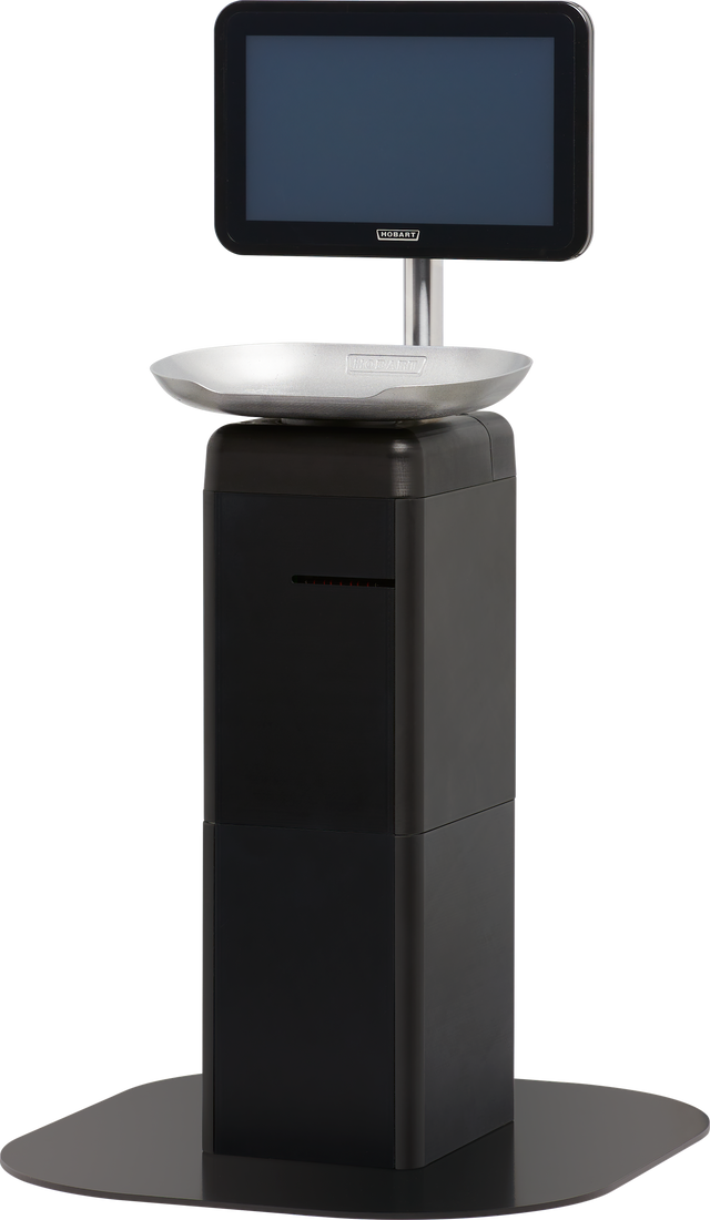 A modern touchscreen scale, similar to the Hobart FS-200, featuring a thick black pedestal base, round silver weighing platform, and a large touchscreen display mounted on a metal pole. The device is set against a plain white background.