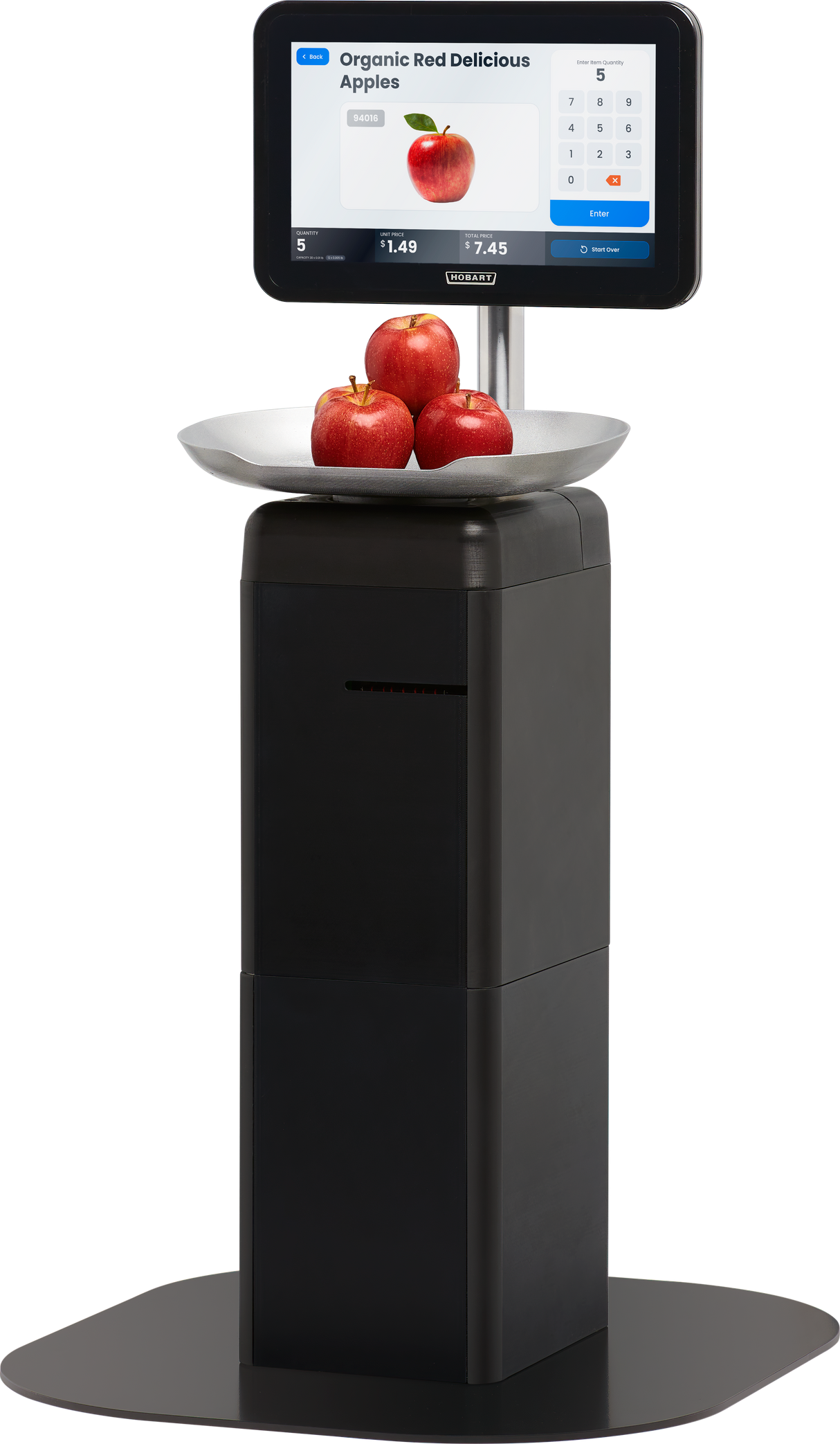A digital self-checkout kiosk with a Hobart FS-200 touchscreen scale displays apples on a tray. The screen shows product info, Organic Red Delicious Apples, weight, price, and keypad with four red apples sitting atop the black kiosk.