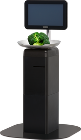 A Hobart FS-200 touchscreen self-serve scale displays a bunch of broccoli on its weighing tray. The scale features a large screen above the tray and a black, rectangular base resting on a flat mat. The background is plain white.