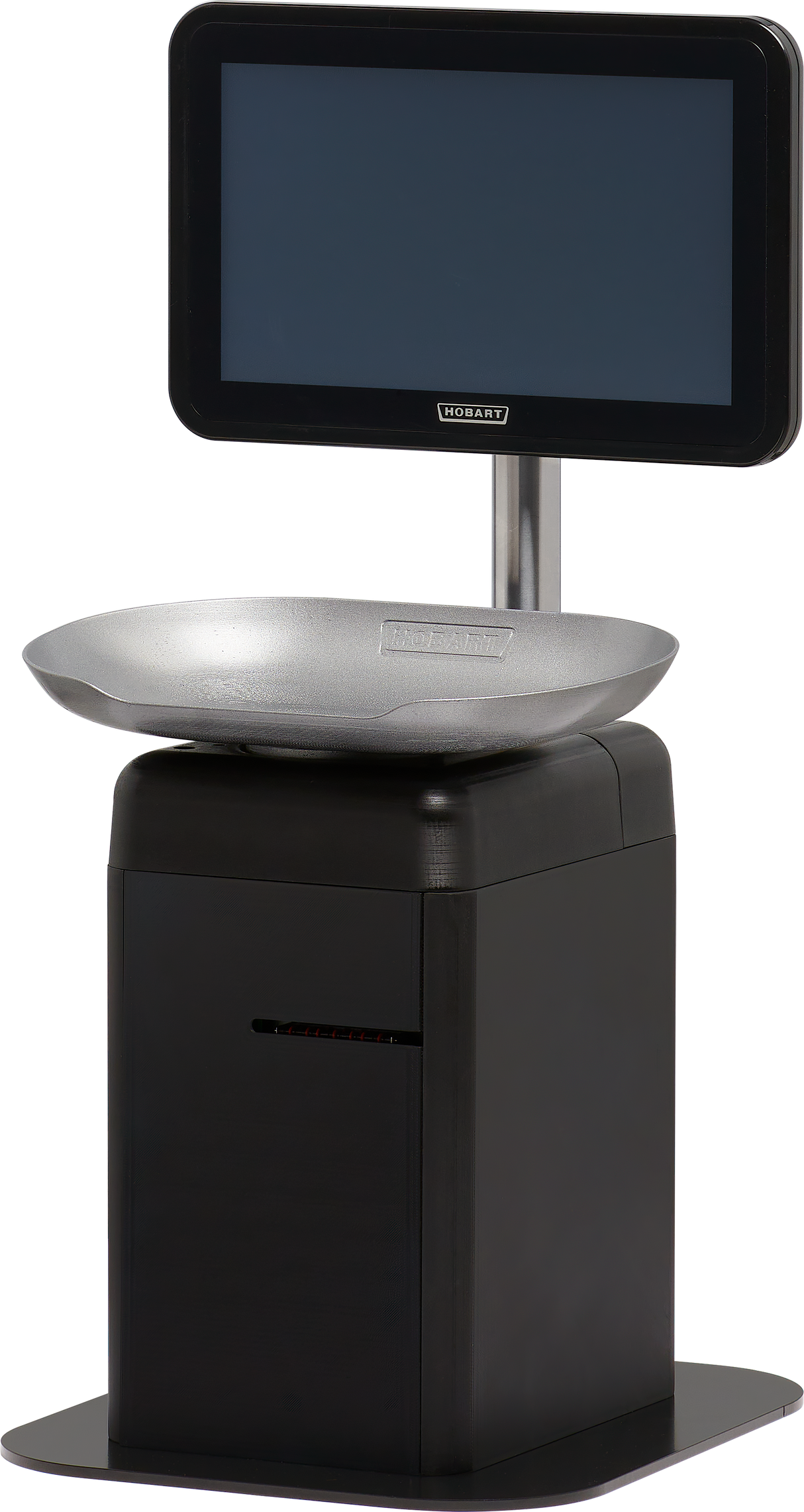 A modern self-serve scale checkout machine with a large touchscreen on a vertical pole above a silver weighing tray and a black rectangular base, designed for use in supermarkets or retail stores.
