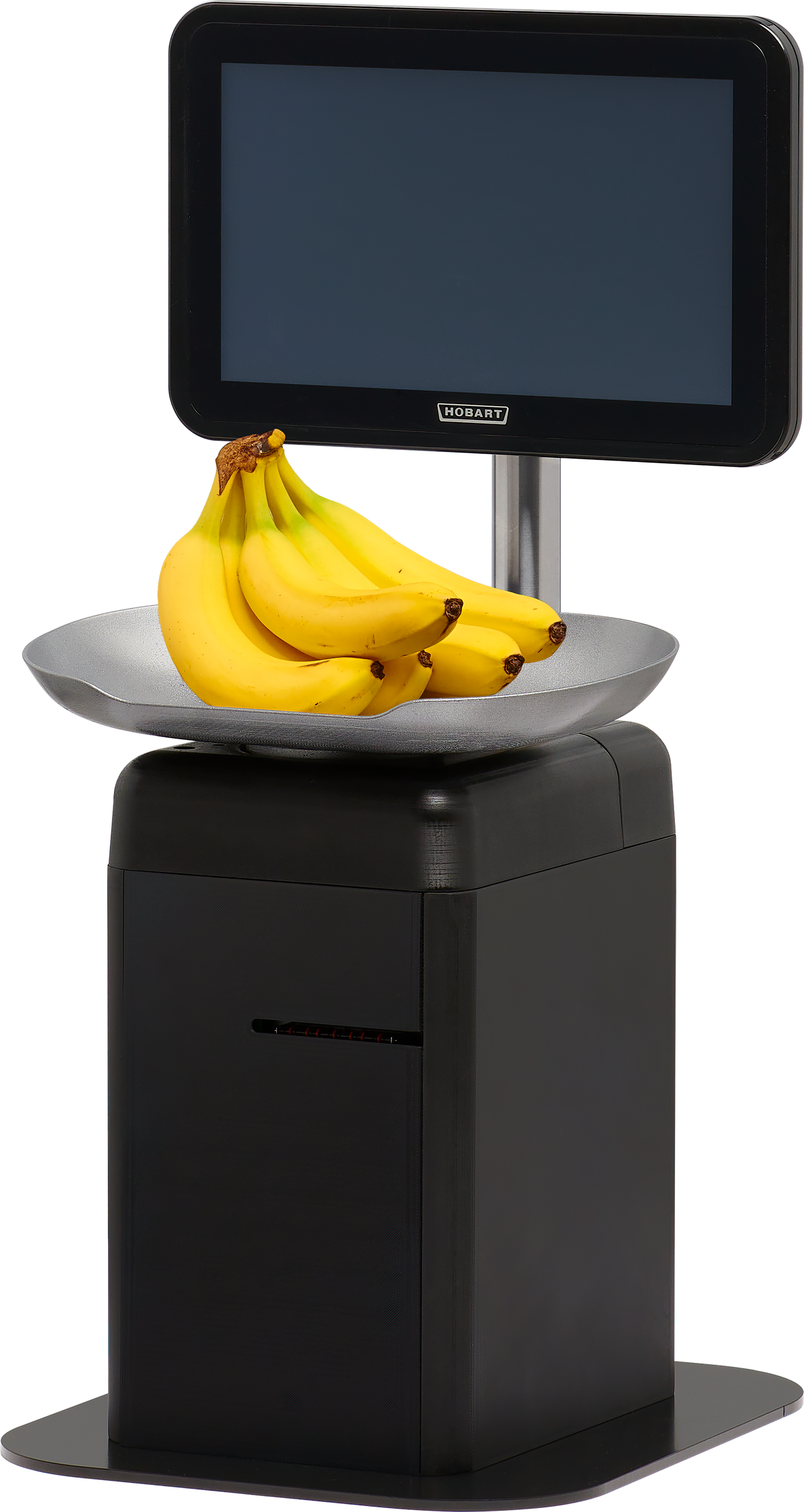 A bunch of bananas sits on the weighing tray of a modern black self-serve scale with a large display screen above it, set against a plain white background. The screen is blank, and the scale is marked with the brand Hobbit.