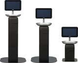 Three black touchscreen kiosks of varying heights, including the Hobart FS-30V FreshServe Self-Serve Scale, stand on black rectangular bases. Each kiosk has a large screen and a silver horizontal tray below it, set against a plain white background.